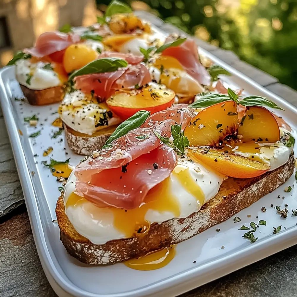 Cheesy Burrata Crostini with Prosciutto and Peaches