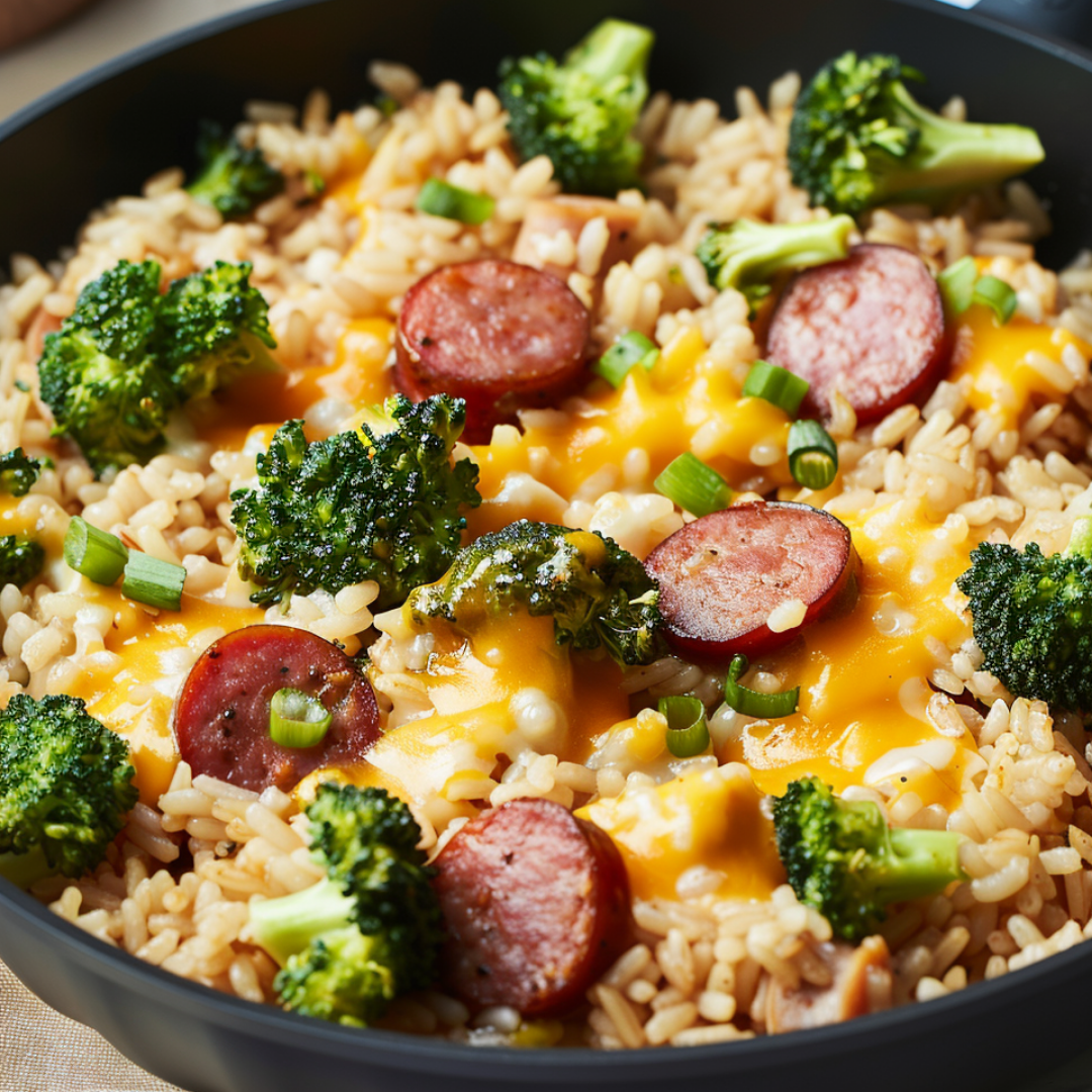 Cheesy Kielbasa Rice and Broccoli Skillet Recipe