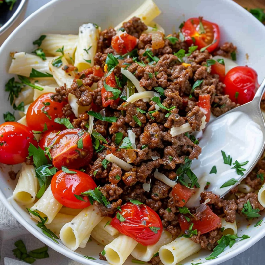 Turkish Pasta with Seasoned Beef and Garlic Yogurt