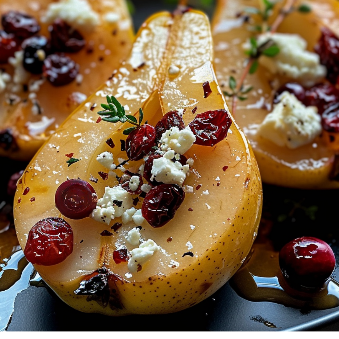 Honey Baked Pears with Feta, Cranberries, and Thyme