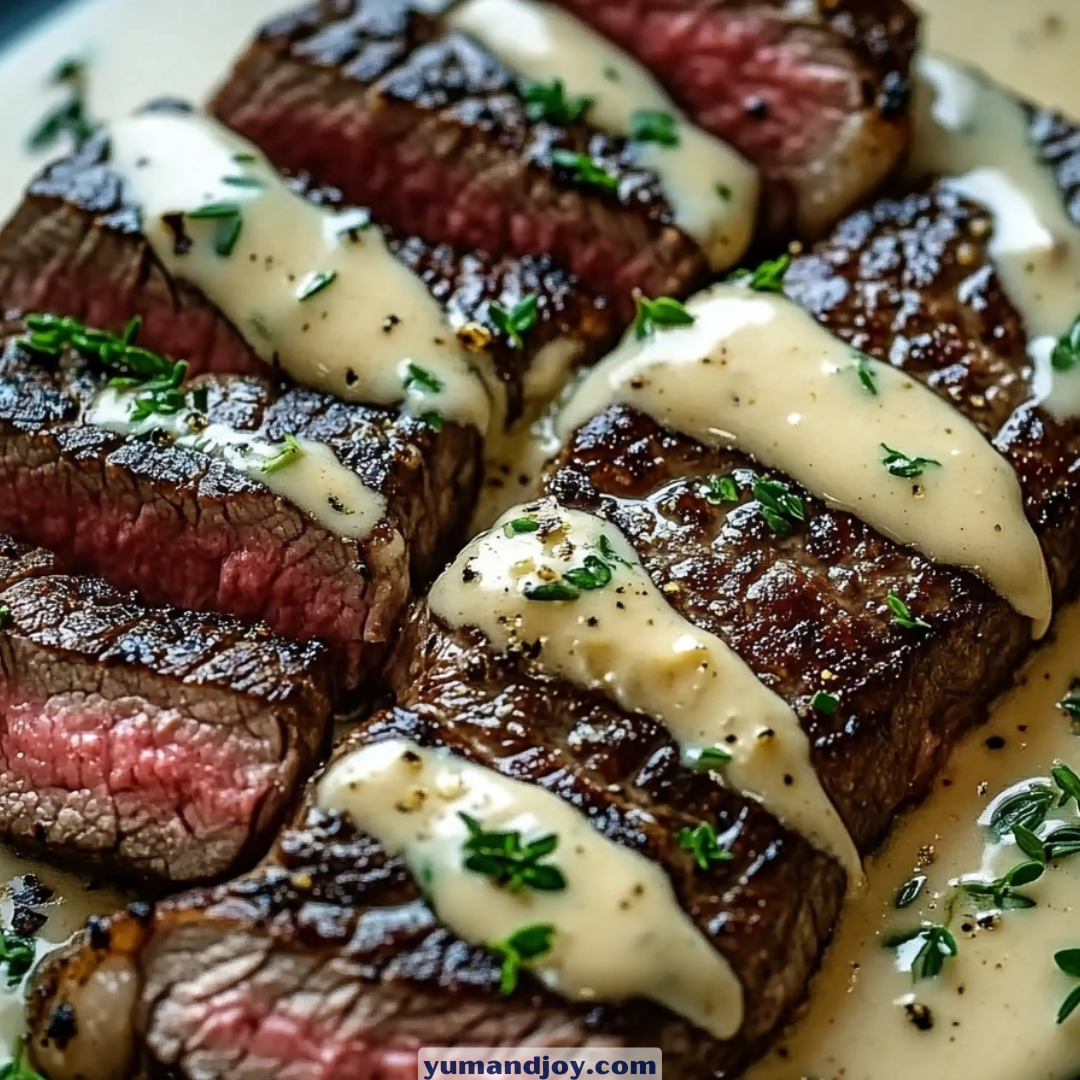 Steak with Bourbon Garlic Cream Sauce