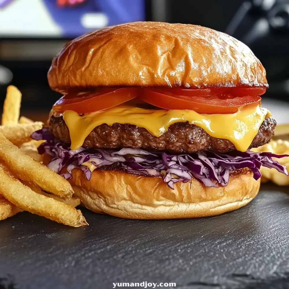 Homemade Cheeseburger with Red Cabbage Slaw & Fries