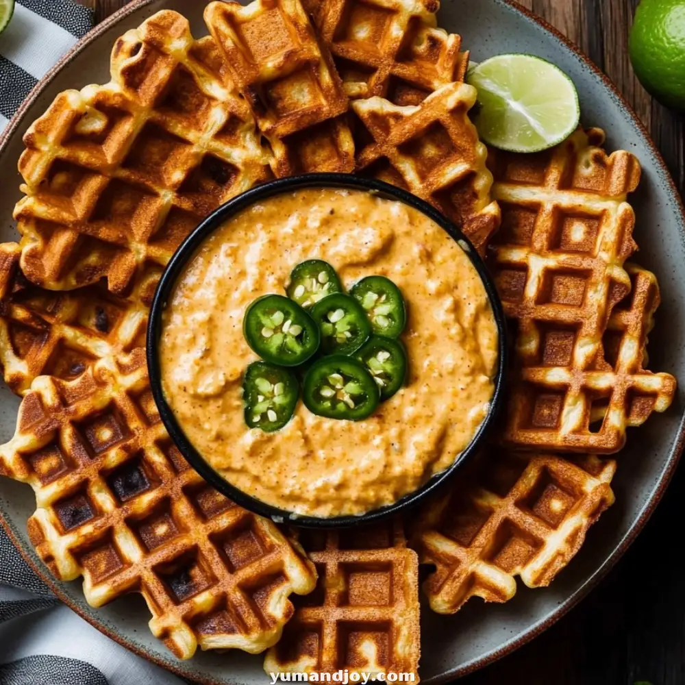 Spicy queso dip & Cornbread Waffles