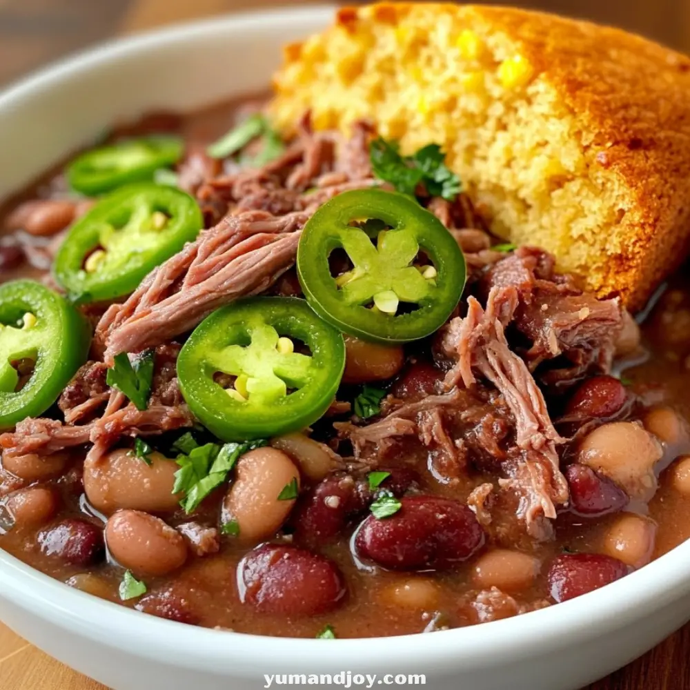 Pintos with Smoked Neck Meat, Cornbread, and Jalapeño