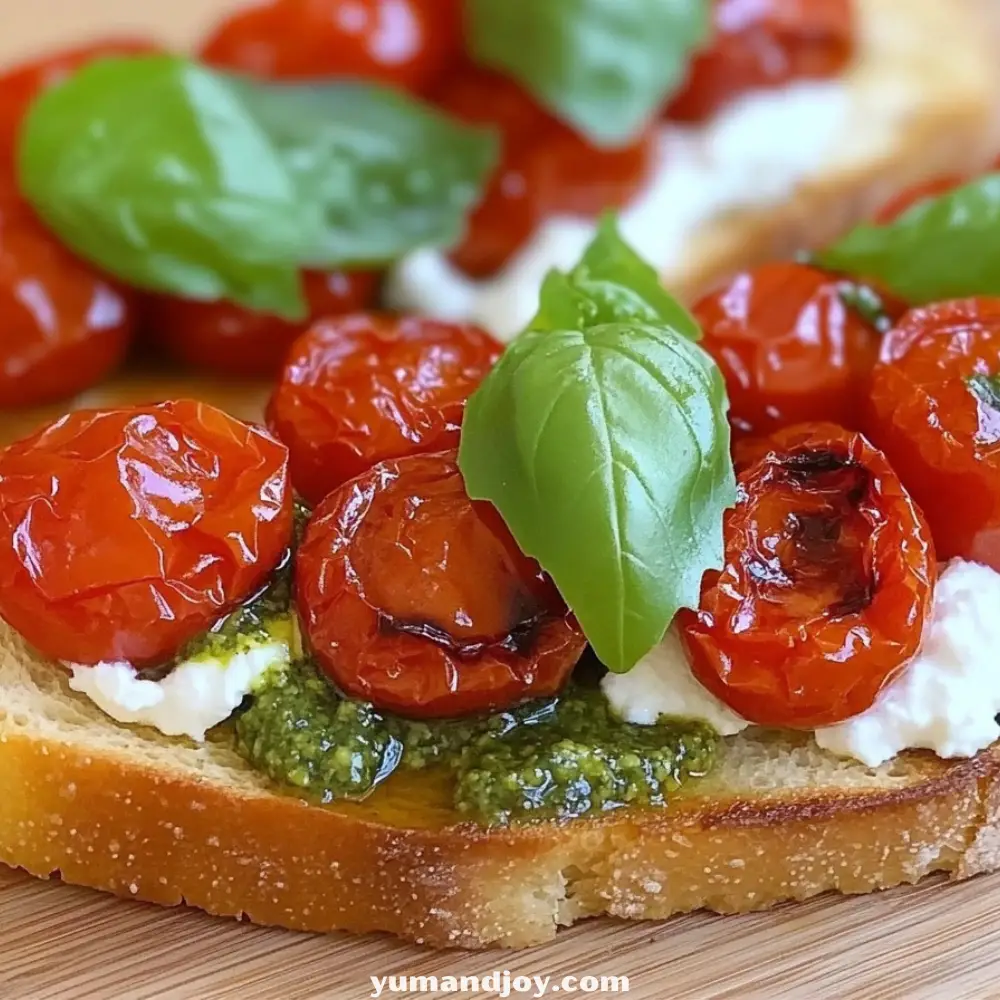 Whipped Ricotta Bruschetta with Roasted Cherry Tomatoes & Basil Pesto